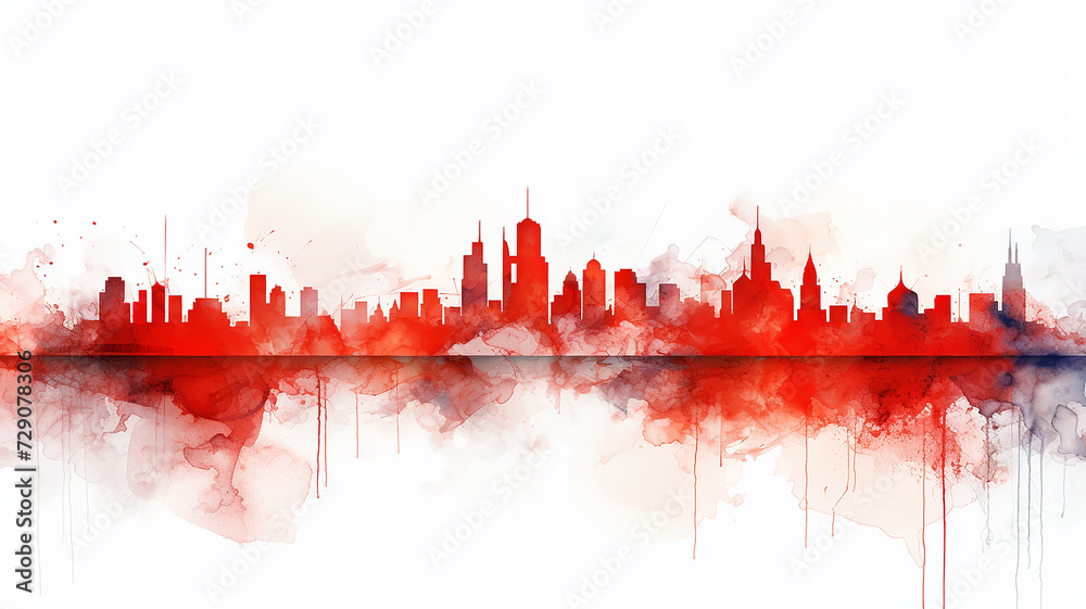 Obraz premium red silhouette of the city, illustration on a white background, cityline liquid paint, insulated print