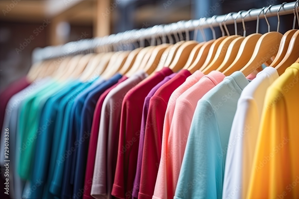 Rack with Colorful plain tshirts hang on clothes hanger in closet Rack with Colorful plain tshirts hang on clothes hanger in closet