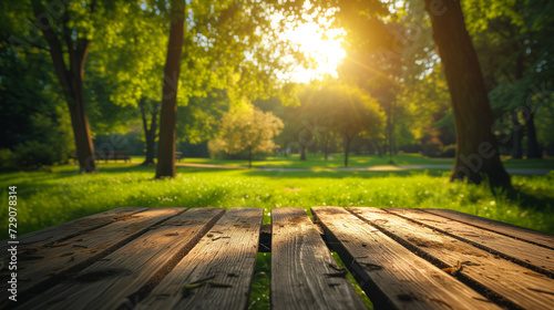 Sunlight streams through lush trees onto a peaceful park with an old wooden table in the foreground, conveying a serene summer day