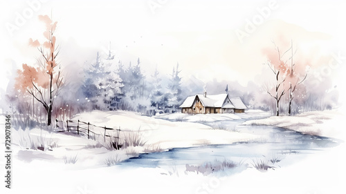 winter landscape, watercolor illustration of a small house in nature, isolated on a white background © kichigin19
