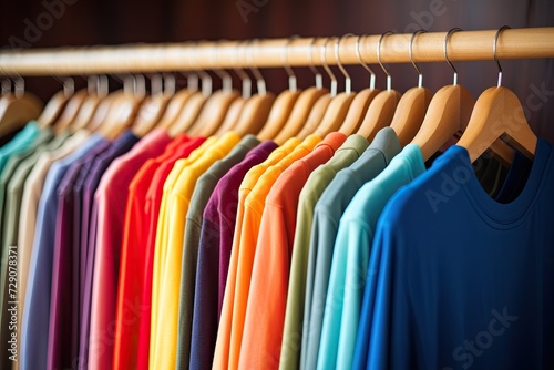 Rack with Colorful plain tshirts hang on clothes hanger in closet