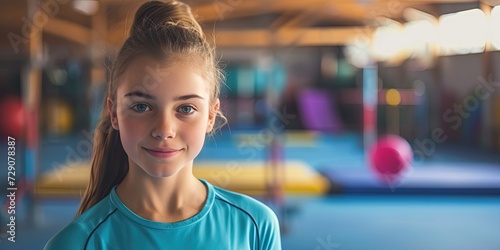 Happy girl gymnast standing in gym during practice workout. Young sudent athlete photo