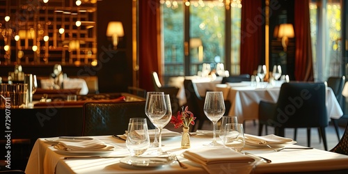 Five-star restaurant with luxurious decor empty and ready with table settings and chairs