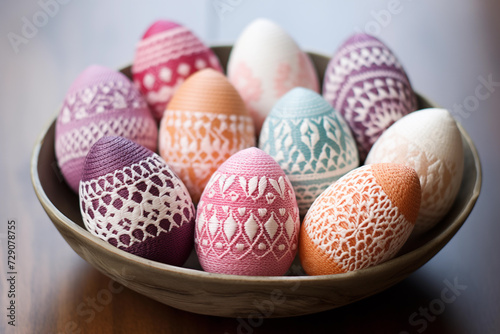 Bowl filled with Easter eggs made in crochet