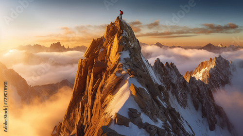 Solo climber conquers rugged peak, scaling barren heights with determination. Majestic mountain backdrop amplifies the triumph of the human spirit. photo