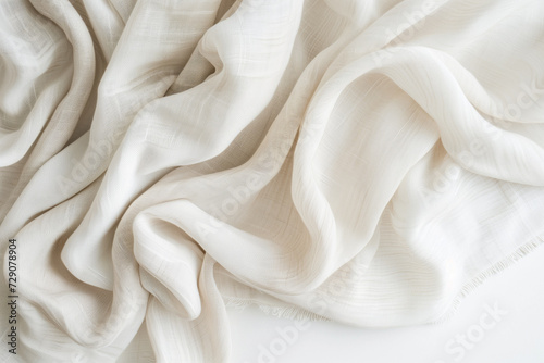 Elegant white textured fabric draped softly with gentle folds, suitable for backgrounds or textile concepts