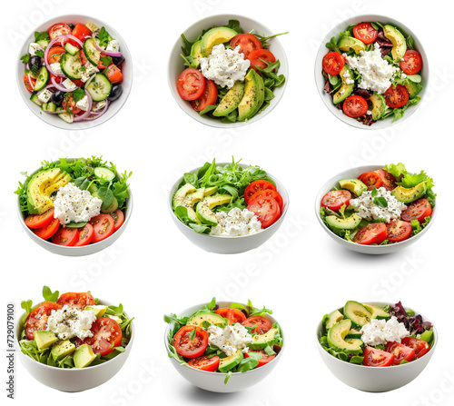  Set of bowl of simple salad with tomato slices and avocado topped with cottage cheese on transparency background PNG