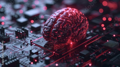 Human brain with computer chip installed in it. photo
