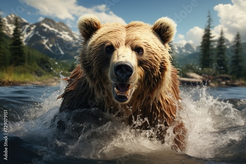 Majestic Grizzly Bear Roaring in the Wild River Against a Mountainous Backdrop photo