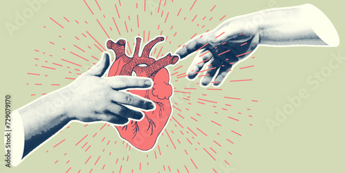 Concept heart VS brain. Vintage design collage poster. Mental health and emotional well-being symbols. Mind-heart balance hand drawn graphic art. Half tone and sketch doodle style. Vector illustration