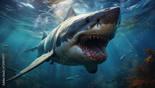 Predatory Great White Shark Dominates the Marine Ecosystem Under Ocean Sunrays © Mahenz