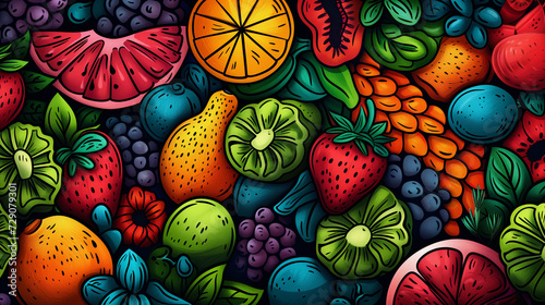 Vibrant and colorful illustration of various stylized fruits packed closely together  ideal for a healthy eating concept or summer-related designs