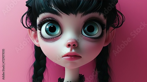 Adorable goth girl on pink background in modern 3D rendered animation style photo