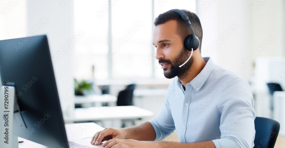 customer service representative wearing headphones, engaging in a thoughtful conversation with a client customer service representative wearing headphones, engaging in a thoughtful conversation with a client