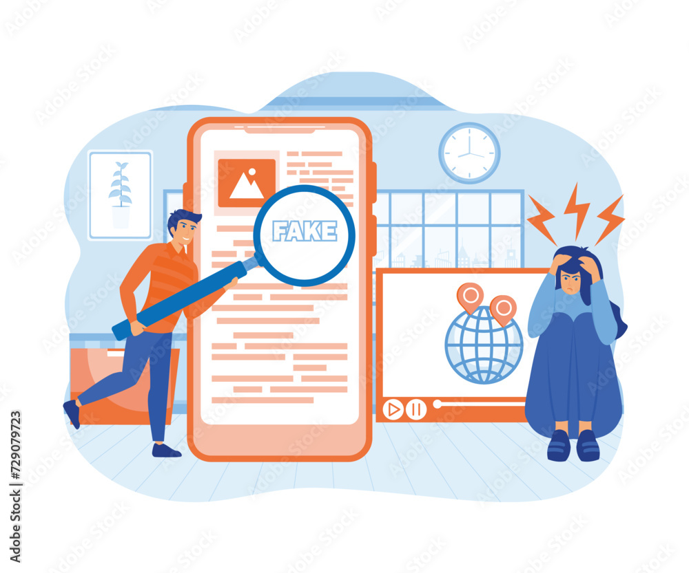 Fake news. Man with magnifying glass scanning and check news on smart phone. Disinformation, propaganda on online news media. flat vector modern illustration Fake news. Man with magnifying glass scanning and check news on smart phone. Disinformation, propaganda on online news media. flat vector modern illustration