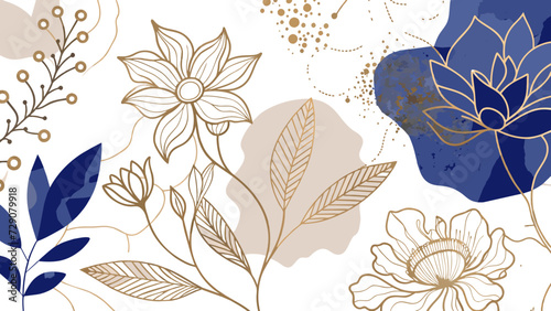 Abstract art background vector. Luxury minimal style wallpaper with golden line art flower and botanical leaves  Organic shapes  Watercolor. Vector background for banner  poster  Web and packaging