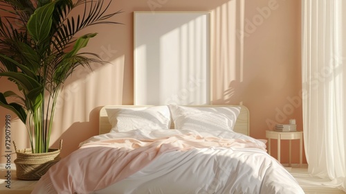 Mockup of a blank poster above a bed in a cozy minimalist bedroom with tropical plants. 