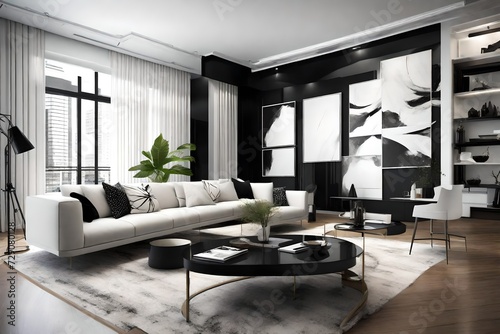 A high-contrast, black and white themed living room with an avant-garde wall mockup, exuding modern elegance. © Hafsa