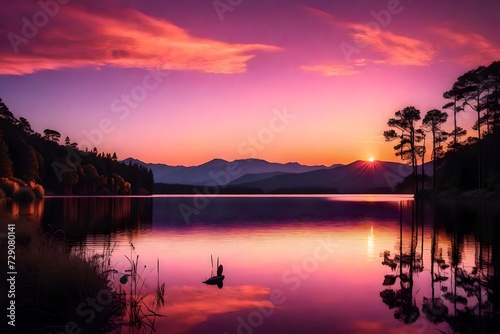 A mesmerizing sunset over a serene lake, casting warm hues of pink, orange, and purple across the sky and reflecting on the calm water. © Hafsa