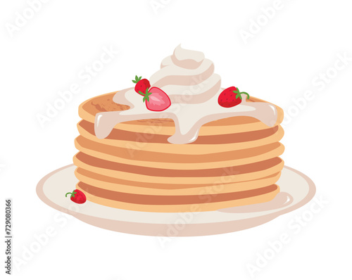 Pancakes with whipped cream and strawberries, flat vector illustration isolated.