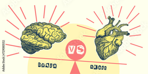 Concept heart VS brain. Vintage design collage poster. Mental health and emotional well-being symbols. Mind-heart balance hand drawn graphic art. Half tone and sketch doodle style. Vector illustration