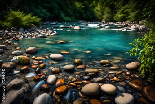 A sunny day at the river, showcasing a natural beach with a variety of river stones, surrounded by lush vegetation and the gentle flow of water under a clear blue sky.