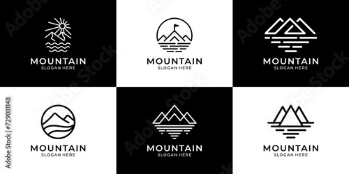 Set of mountain travel adventure logo designs. Minimalist peak lake and outdoor symbol logo.