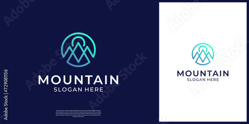 Linear peak sun logo icon vector. Circular letter M mountain symbol logo.