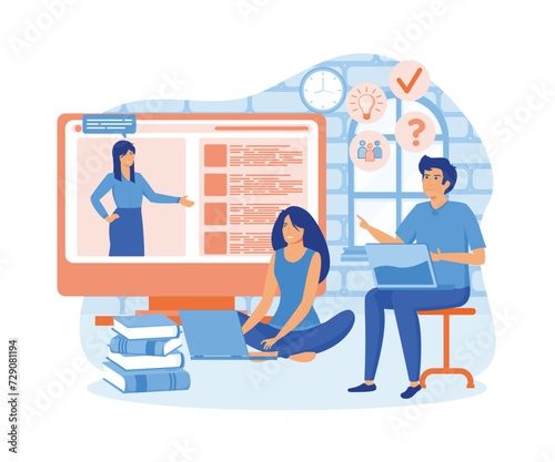  Online education, home schooling. Woman teacher on monitor screen. Group of students in distance learning. flat vector modern illustration 
