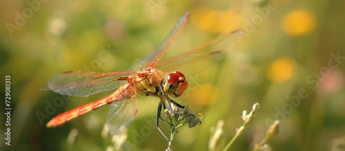 A dragonfly of the species Sympetrum striolatum observed in grassy terrain photo