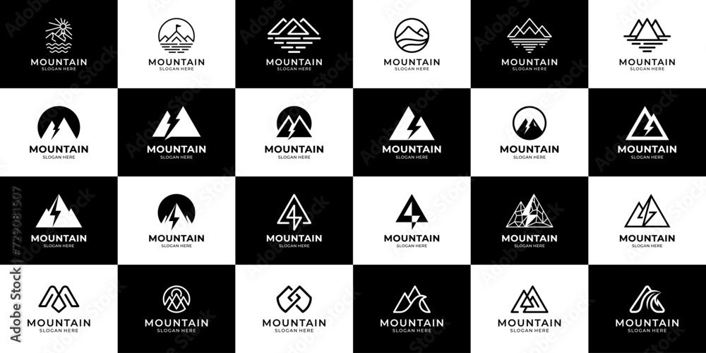 Collection of mountain peak logo designs. Outdoor camping adventure emblem vector illustration.