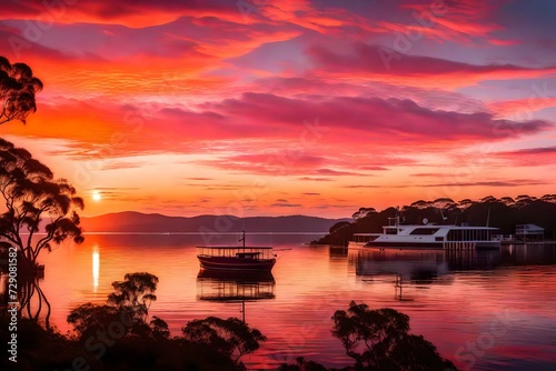 Nature's canvas unfolding over the Central Coast as the sun rises, painting the sky and clouds with hues of pink and orange, and a boat gently drifting along Brisbane Water.