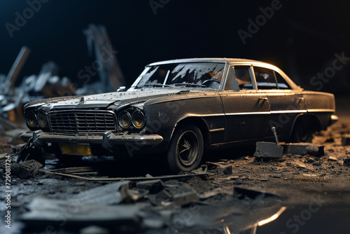 Isolated of the condition of a long black sedan  which was demolished due to an accident  severely collided with another car causing damage until the front tire disappeared  often seen on Thai roads