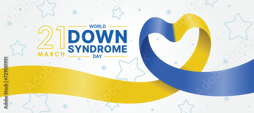 World down syndrome day - Blue and yellow ribbon roll waving to heart shape on star and dot texture background vector design