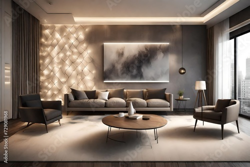 A sophisticated living room interior showcasing a wall mockup with interactive lighting elements. © Hafsa
