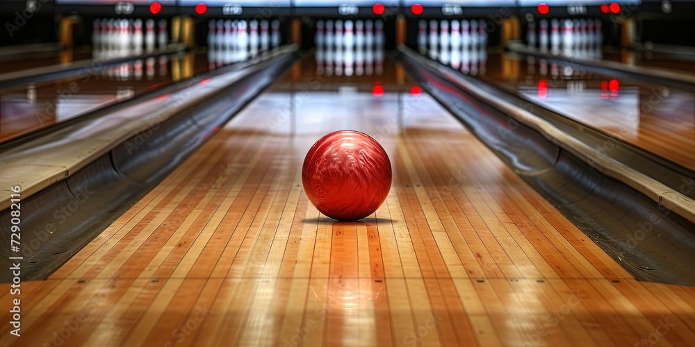 Bowling ball rolling down lane toward bowling pins in bowling alley - obrazy, fototapety, plakaty 