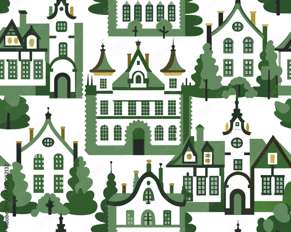 Building street seamless pattern. Layered european house with shadow background. Color flat cartoon architecture sign. Repeat ornament for paper wrap, fabric print, wallpaper decor Vector illustration