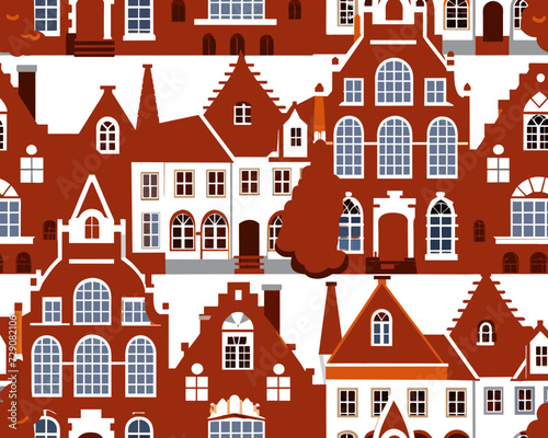 Building street seamless pattern. Layered european house with shadow background. Color flat cartoon architecture sign. Repeat ornament for paper wrap  fabric print  wallpaper decor Vector illustration