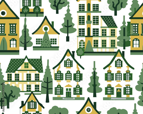 Fototapeta Naklejka Na Ścianę i Meble -  Building street seamless pattern. Layered european house with shadow background. Color flat cartoon architecture sign. Repeat ornament for paper wrap, fabric print, wallpaper decor Vector illustration