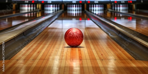 Bowling ball rolling down lane toward bowling pins in bowling alley photo