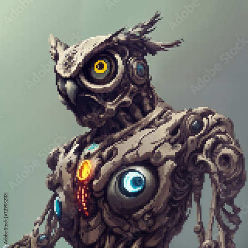 Anthropomorphic Owl cyborg. Vector pixelated illustration. Pixel design.