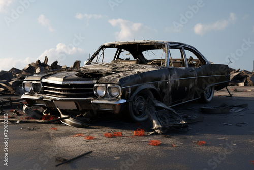 Isolated of the condition of a long black sedan, which was demolished due to an accident, severely collided with another car causing damage until the front tire disappeared, often seen on Thai roads © Robin