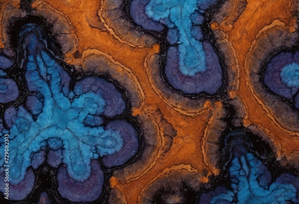 a purple, blue and orange abstract pattern on black