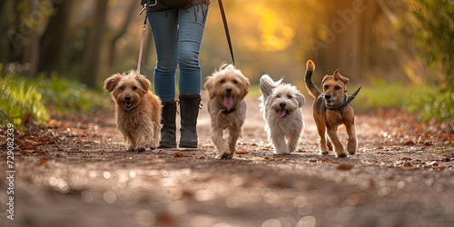 Dog park concept with pack of canines in the park being walked on group leash by dog walker photo