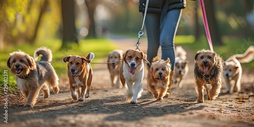 Dog park concept with pack of canines in the park being walked on group leash by dog walker photo