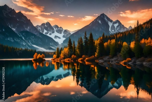 Serene sunrise over a pristine mountain lake, with reflections of the colorful sky dancing on the water. #729082528