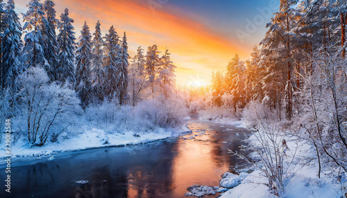 Winter sunset over snowy forest and river landscape