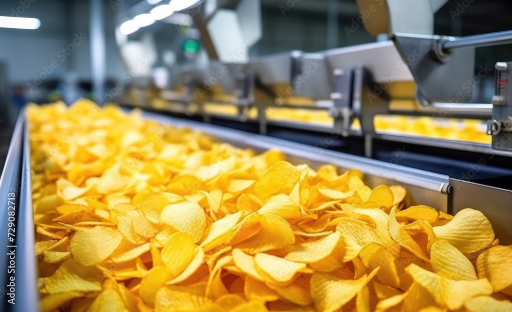 Factory potato chips production line at food plant Factory potato chips production line at food plant
