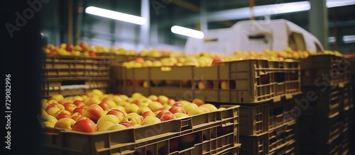 Apples stored in a cold warehouse. Video footage for advertising apple products. Juice, cider, vinegar production in a fruit factory.