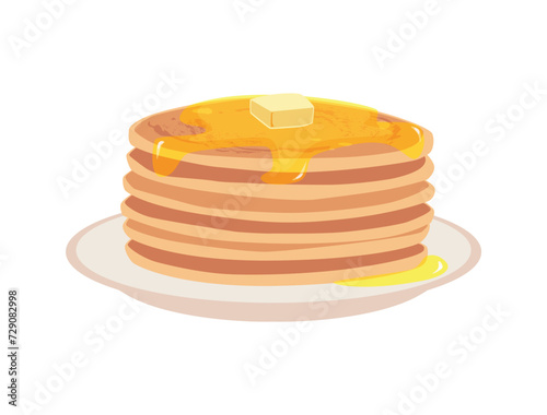 Stack of pancakes with butter on a plate cartoon delicious baking food, sweet dessert vector illustration isolated